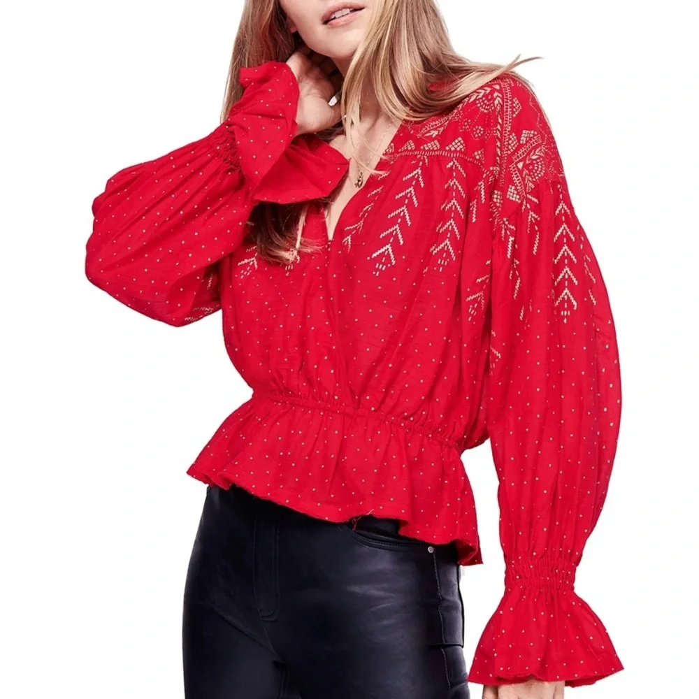 Free People Counting Stars Puff Sleeves Ruffle Hem Boho Peasant Top Size S